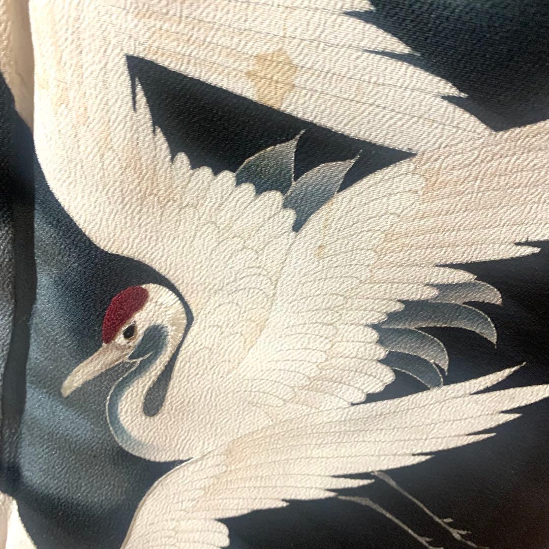 A70⭐️アンティーク着物　大正ロマン　黒留袖　鶴　5つ紋　縮緬　錦紗　逸品