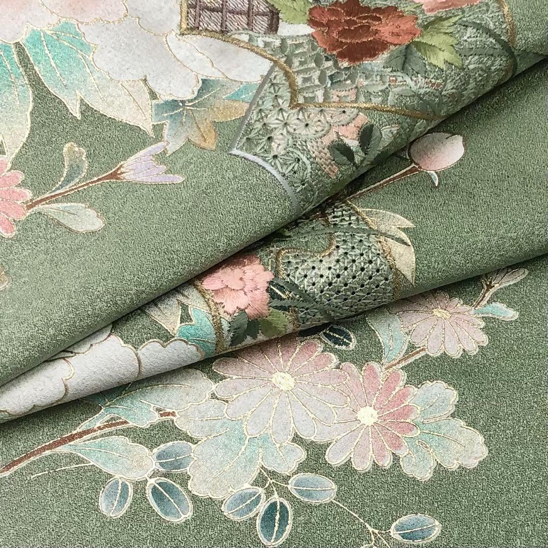 MK-1433 付下げ 汕頭刺繍 刺繍 流水に花模様 金彩 金糸 灰緑色