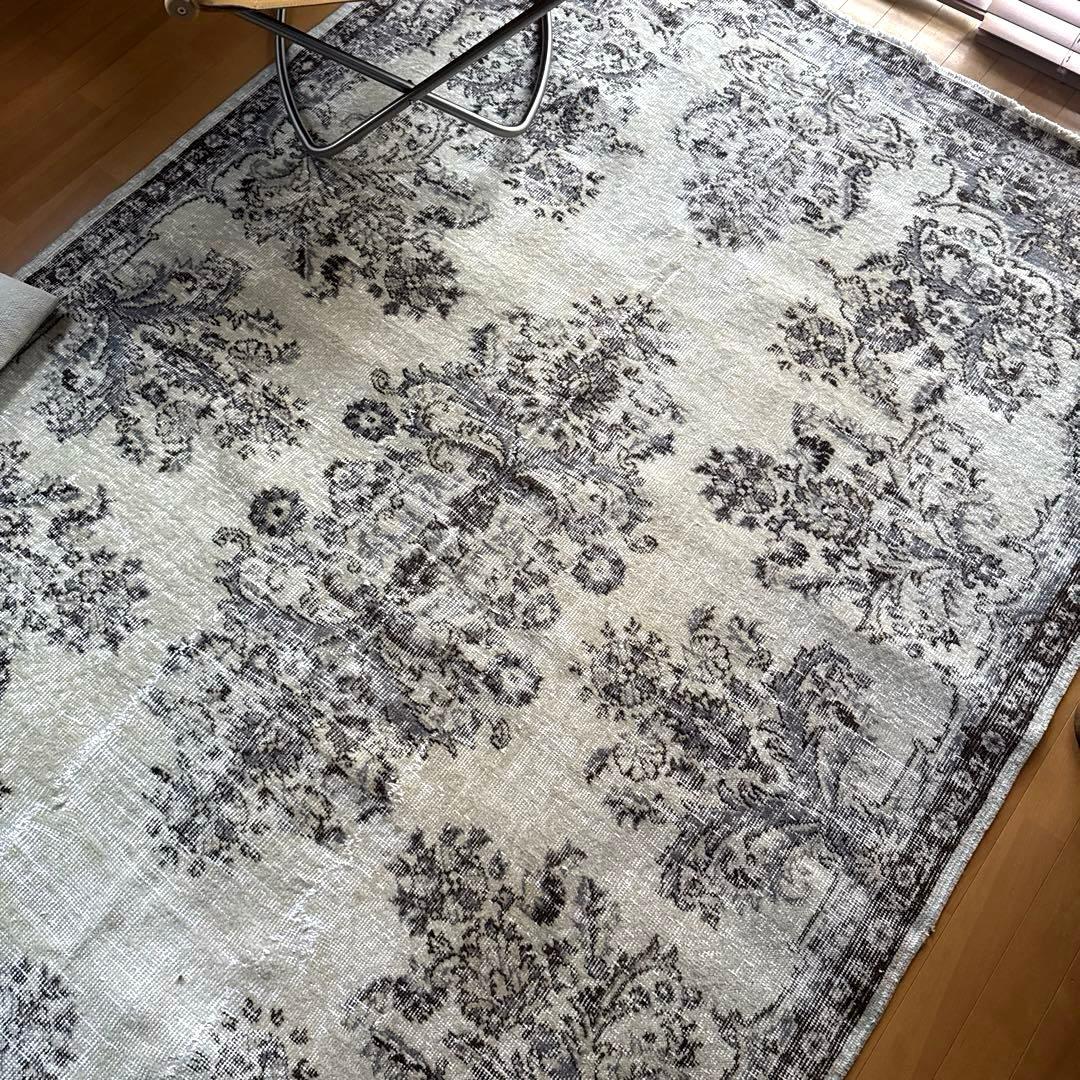 超大判173×272 クリーム×ブルーグレイ×ブラウン　トルコヴィンテージラグ