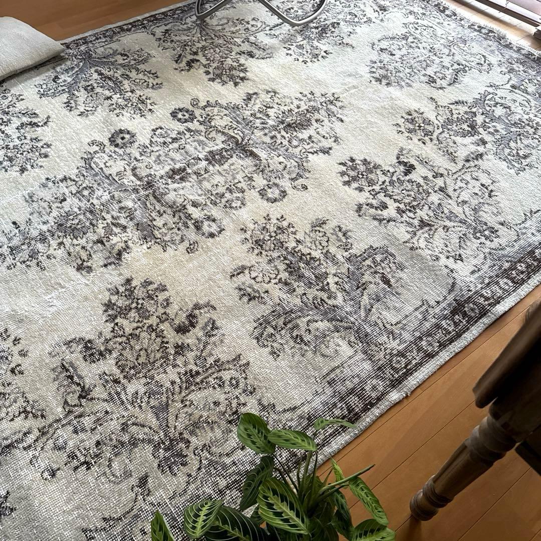 超大判173×272 クリーム×ブルーグレイ×ブラウン　トルコヴィンテージラグ