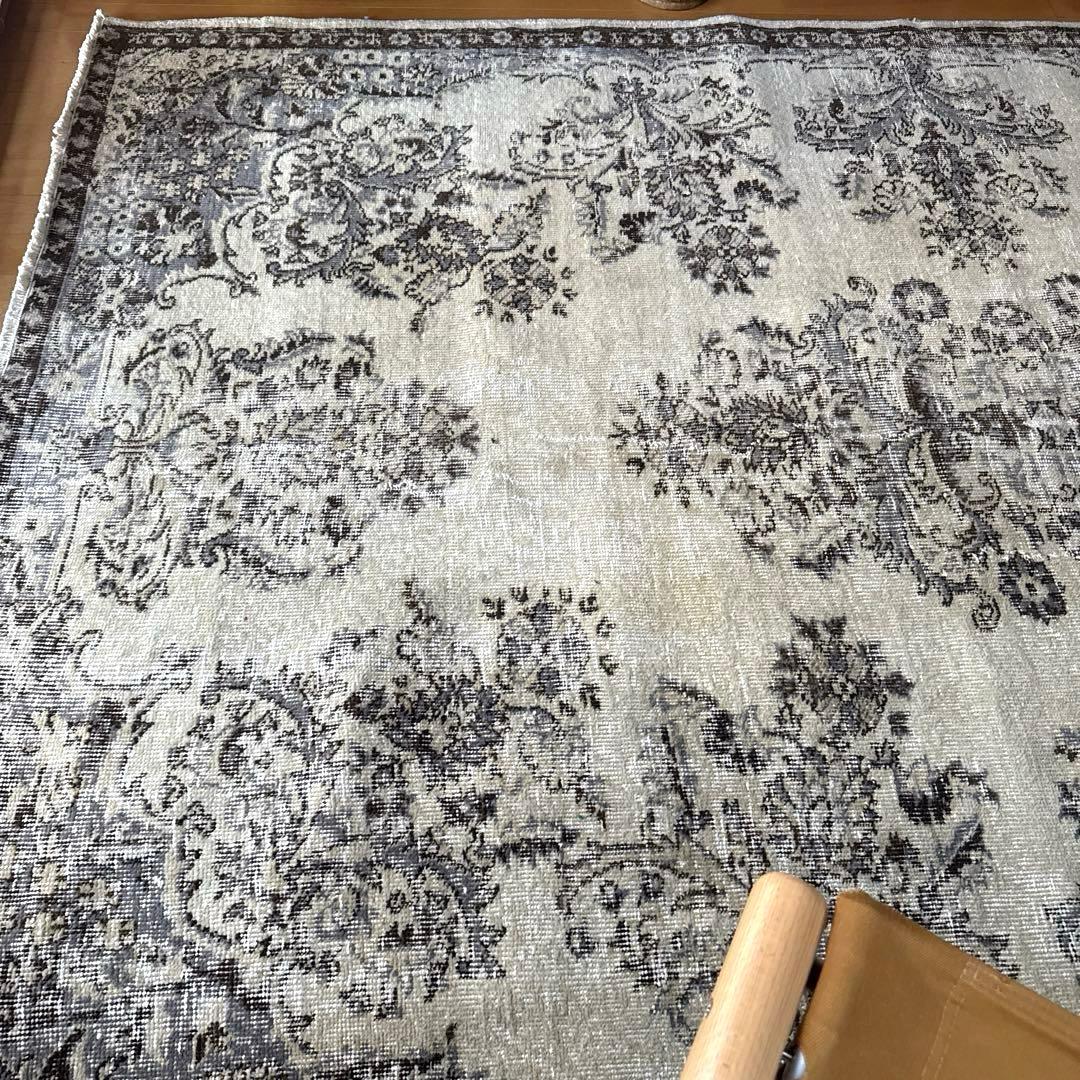 超大判173×272 クリーム×ブルーグレイ×ブラウン　トルコヴィンテージラグ