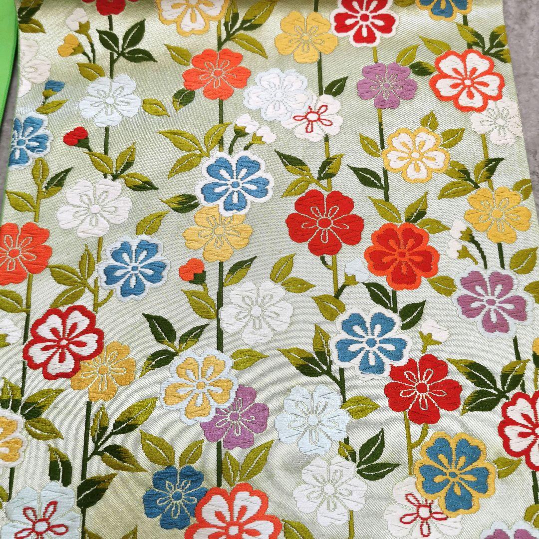 【お花畑】レアなグリーン カラフルお花畑な 贅沢 唐織 袋帯