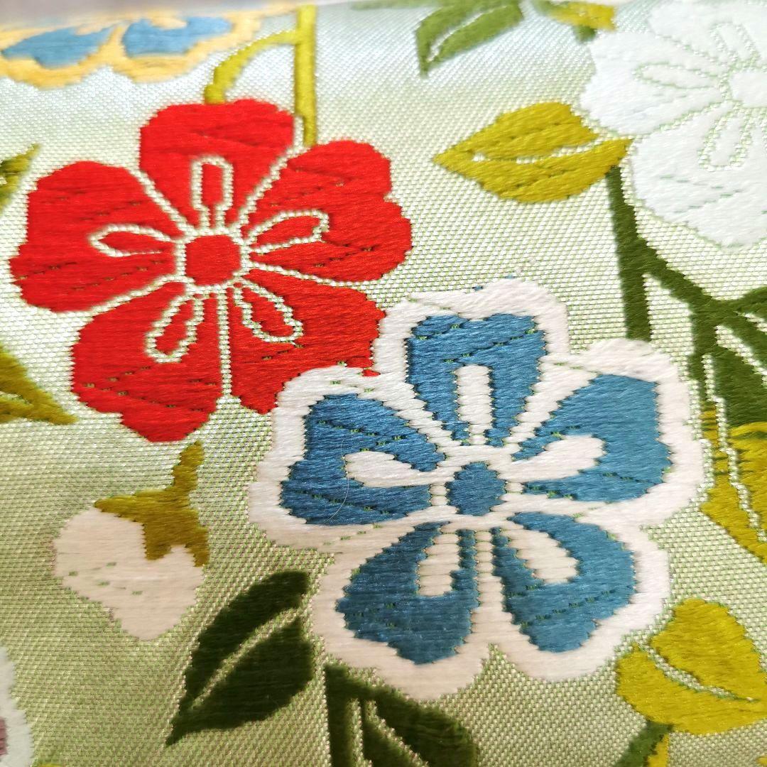 【お花畑】レアなグリーン カラフルお花畑な 贅沢 唐織 袋帯