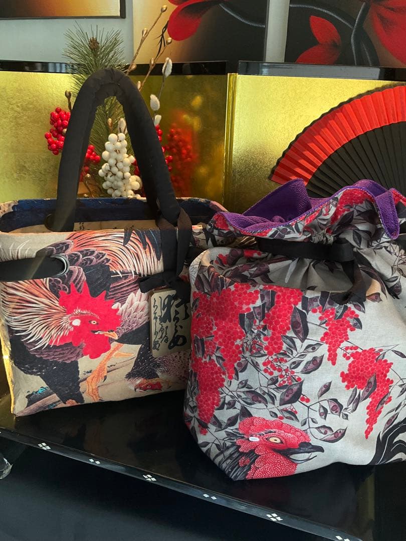 一閑張り　一閑張りバッグ　古文書　和紙　大正　着物　竹籠 伊藤若冲　紫陽花双鶏図