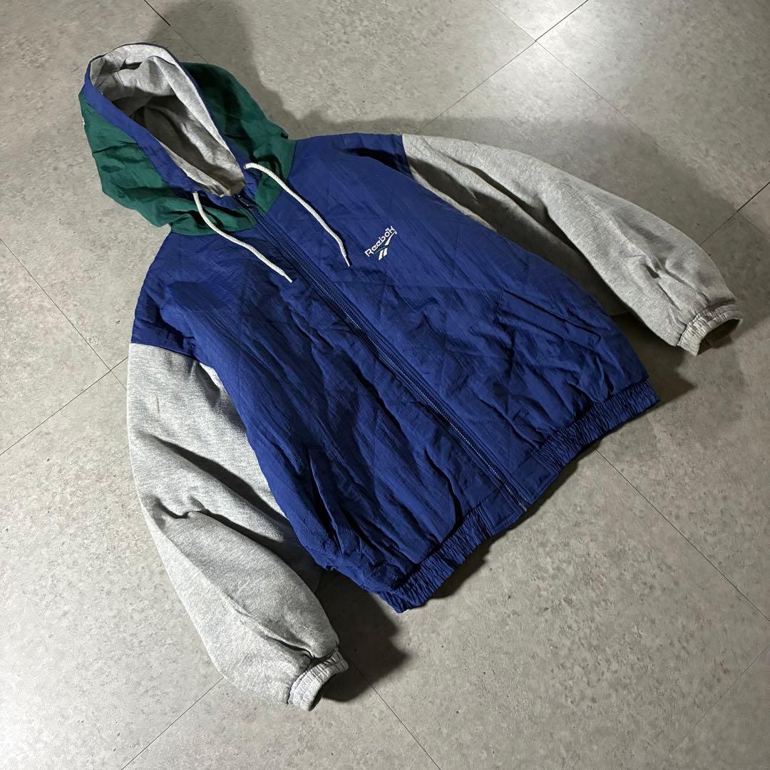 90s reebok中綿キルティングジャケット刺繍ロゴスウェット切替フーディ短丈