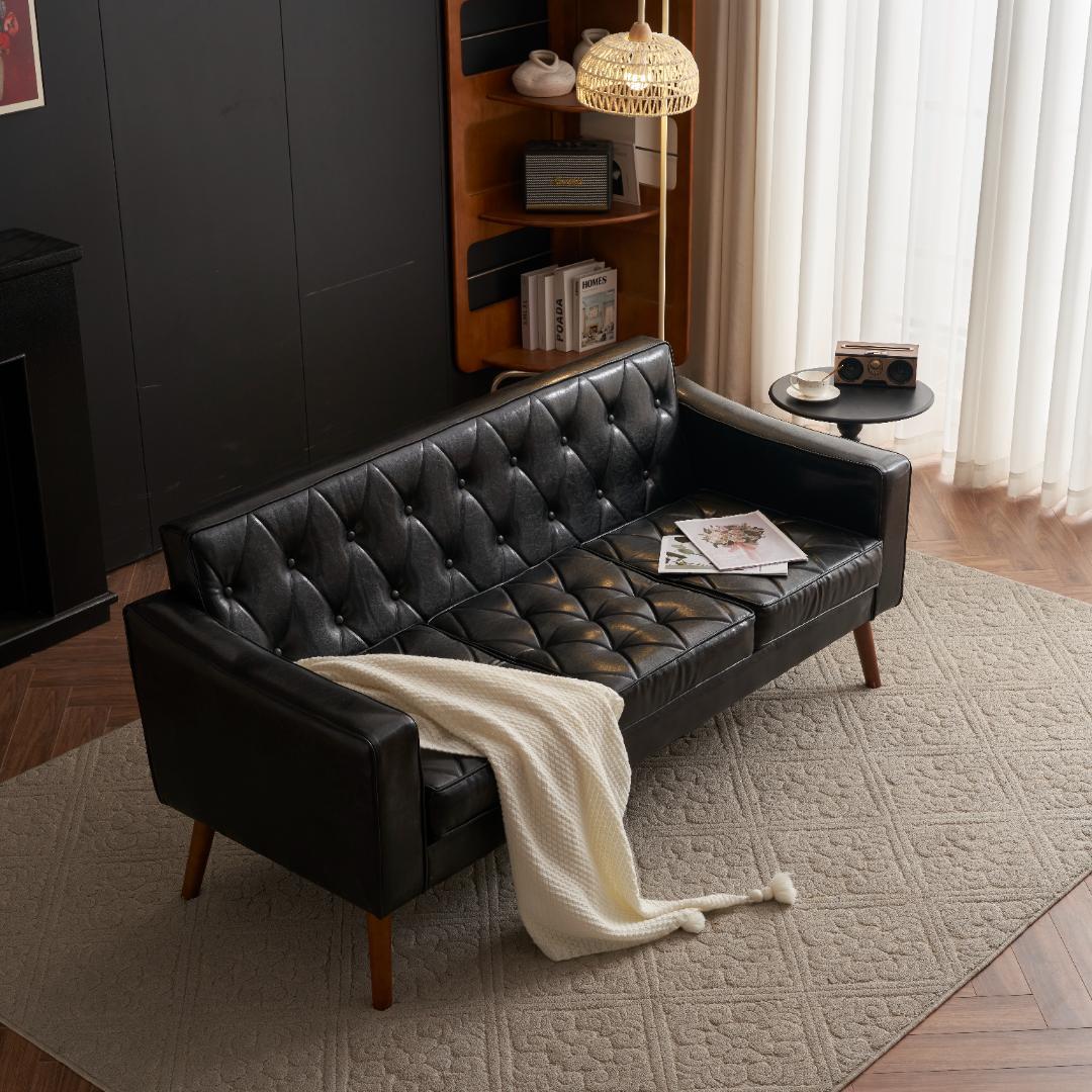 セール！ソファー 3人掛カウチソファリビングソファ 肘付オットマン ブラック