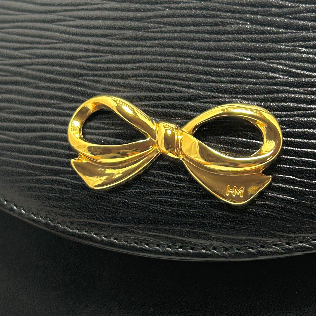 美品 ハナエモリ 2way フォーマルバッグ 黒 リボン レザー ハンドバッグ