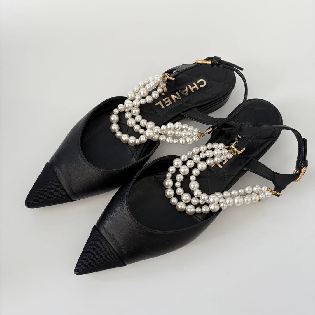 CHANEL シャネル ココマーク 装飾 パールスリングバック フラットシューズ