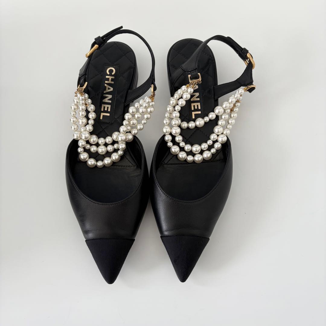 CHANEL シャネル ココマーク 装飾 パールスリングバック フラットシューズ
