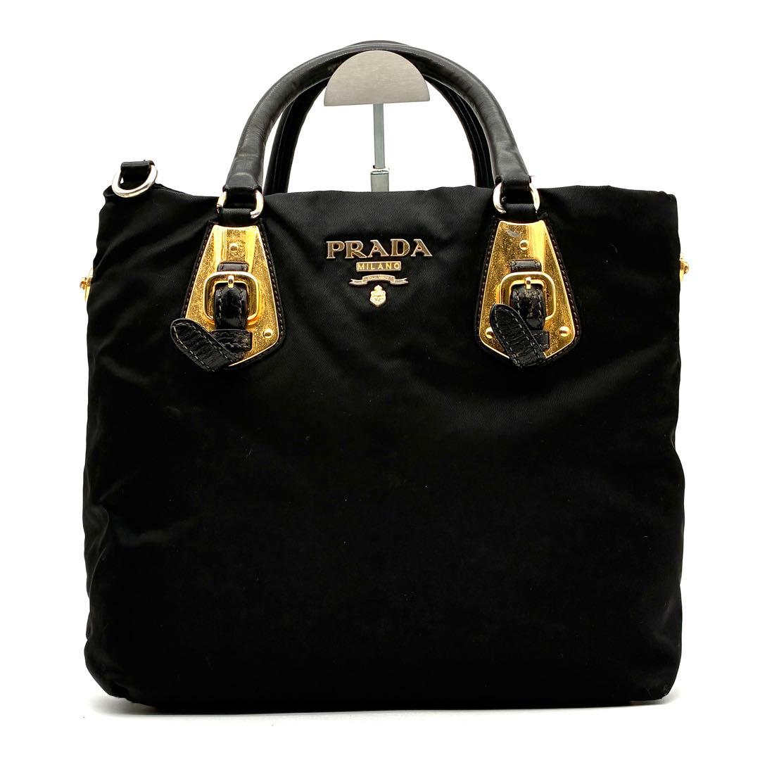 正規品 プラダ 2way ショルダーバッグ ゴールドロゴ ベルト 白タグ 黒