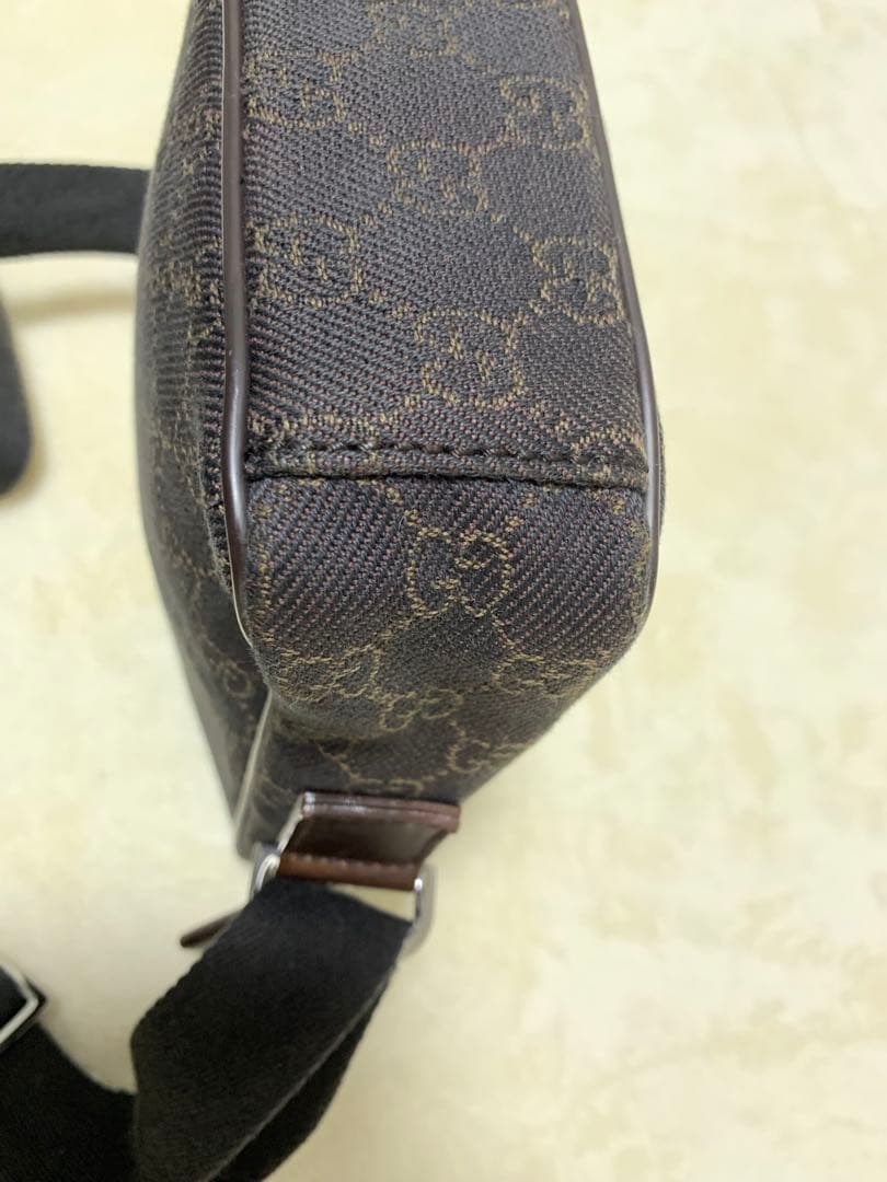 美品★グッチ ショルダーバッグ GGキャンバス×レザー ダークブラウン