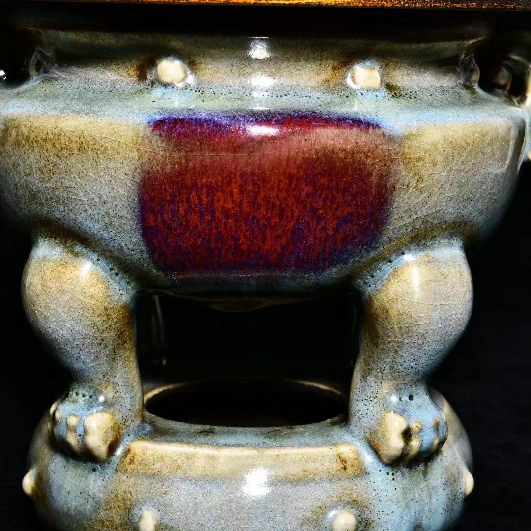 中国古美術・旧蔵の磁器、曜変釉と鎏金で口と双耳香炉・20x28cm・茶道具・置物