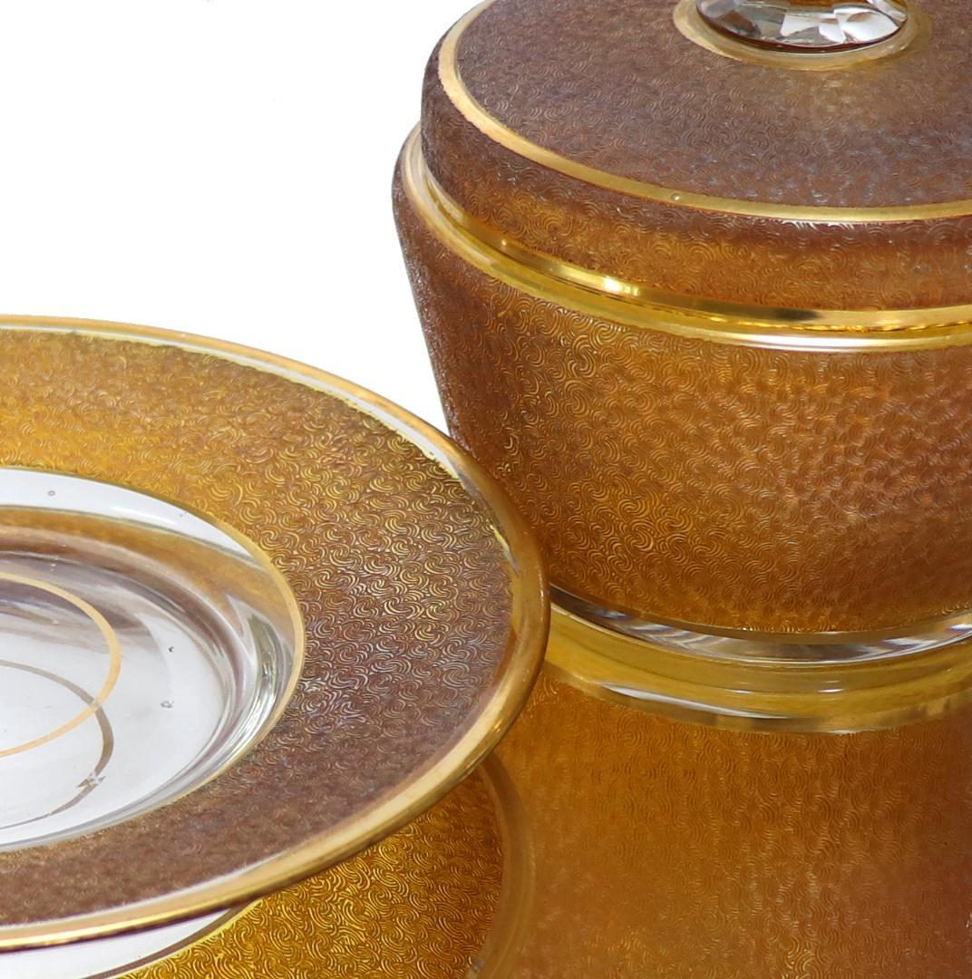 オールド・バカラ 稀品 春海商店 特注琥珀ガラス 金彩 青海波文様 受皿付蓋物