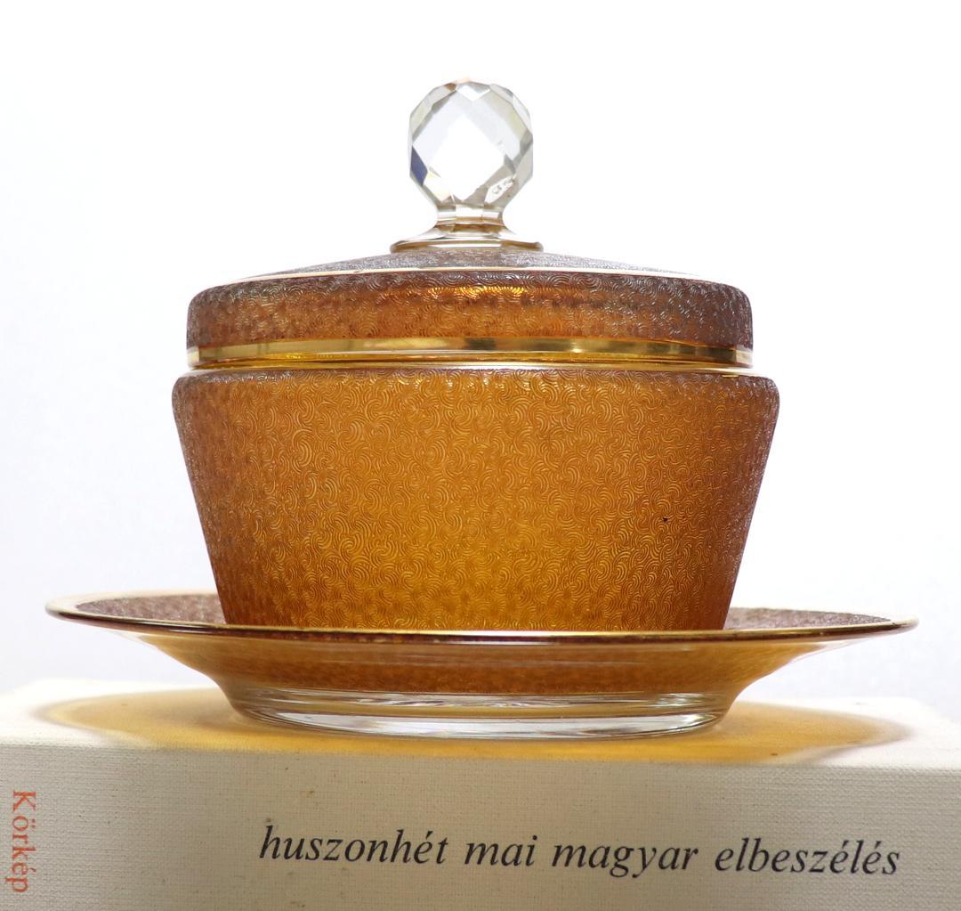 オールド・バカラ 稀品 春海商店 特注琥珀ガラス 金彩 青海波文様 受皿付蓋物