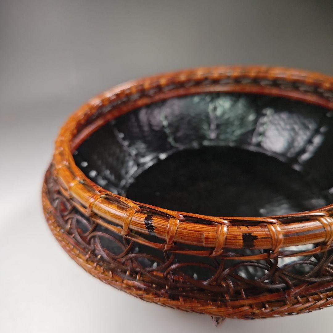 イ595 炭斗『田中篁斎造』『玄々斎好　七宝組炭斗　竹編　炭取　共箱』茶道具