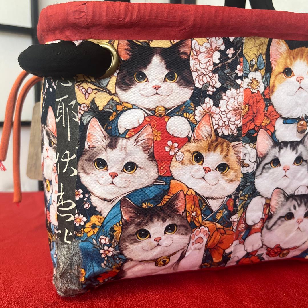 猫がいっぱい！ 一閑張り バッグ かごバッグ ハンドバッグ 和猫 茶トラ 小さめ