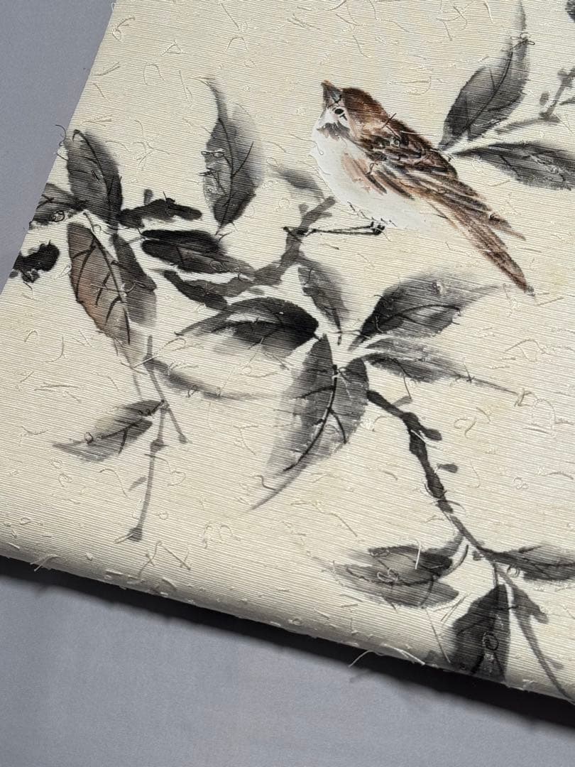 [美品] 髭紬　名古屋帯　正絹　お太鼓柄　雀　白練色　洒落帯　小紋　紬　無地