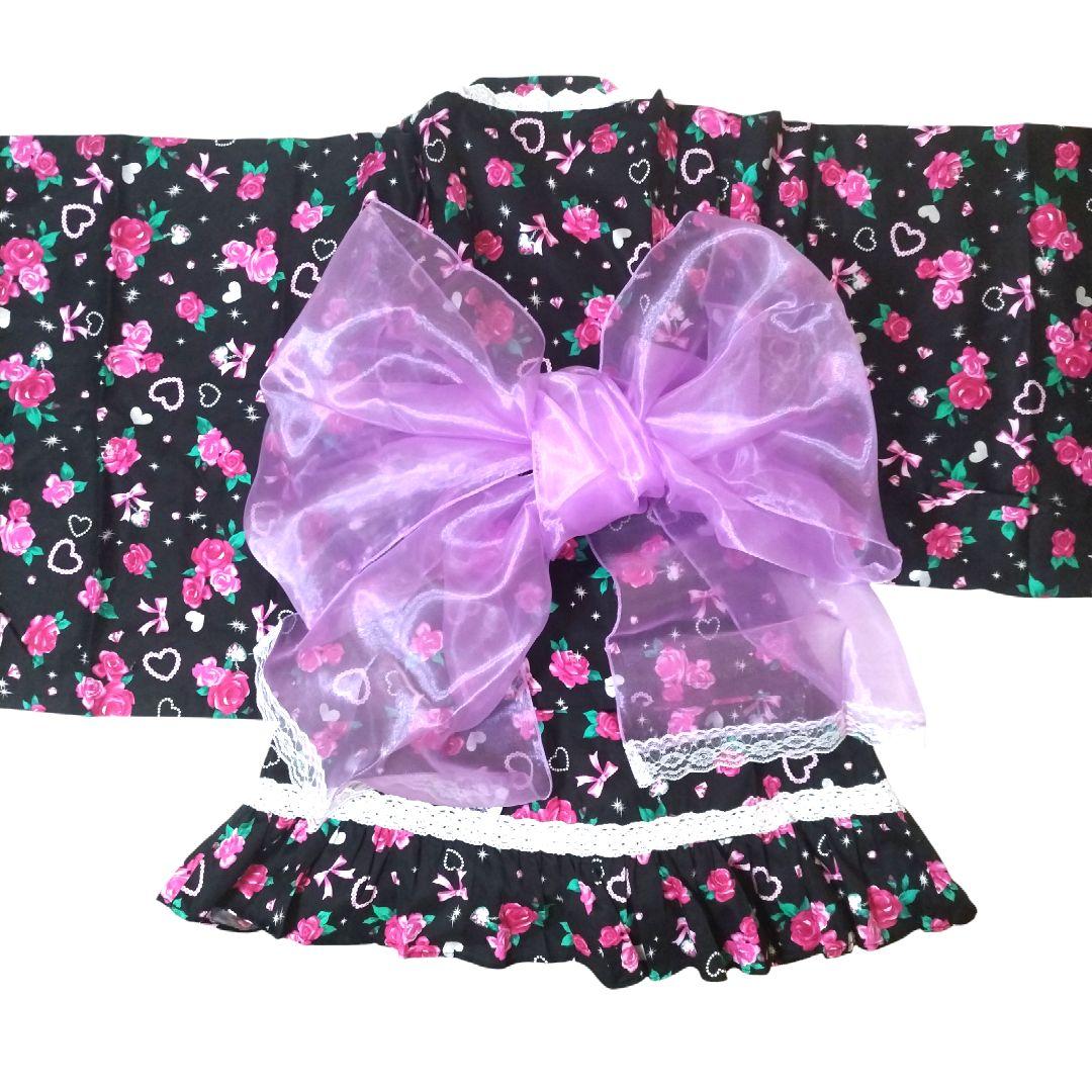 【150】帯付き 浴衣 ドレス 黒 ピンク 地雷 姫ギャル 平成 量産 160