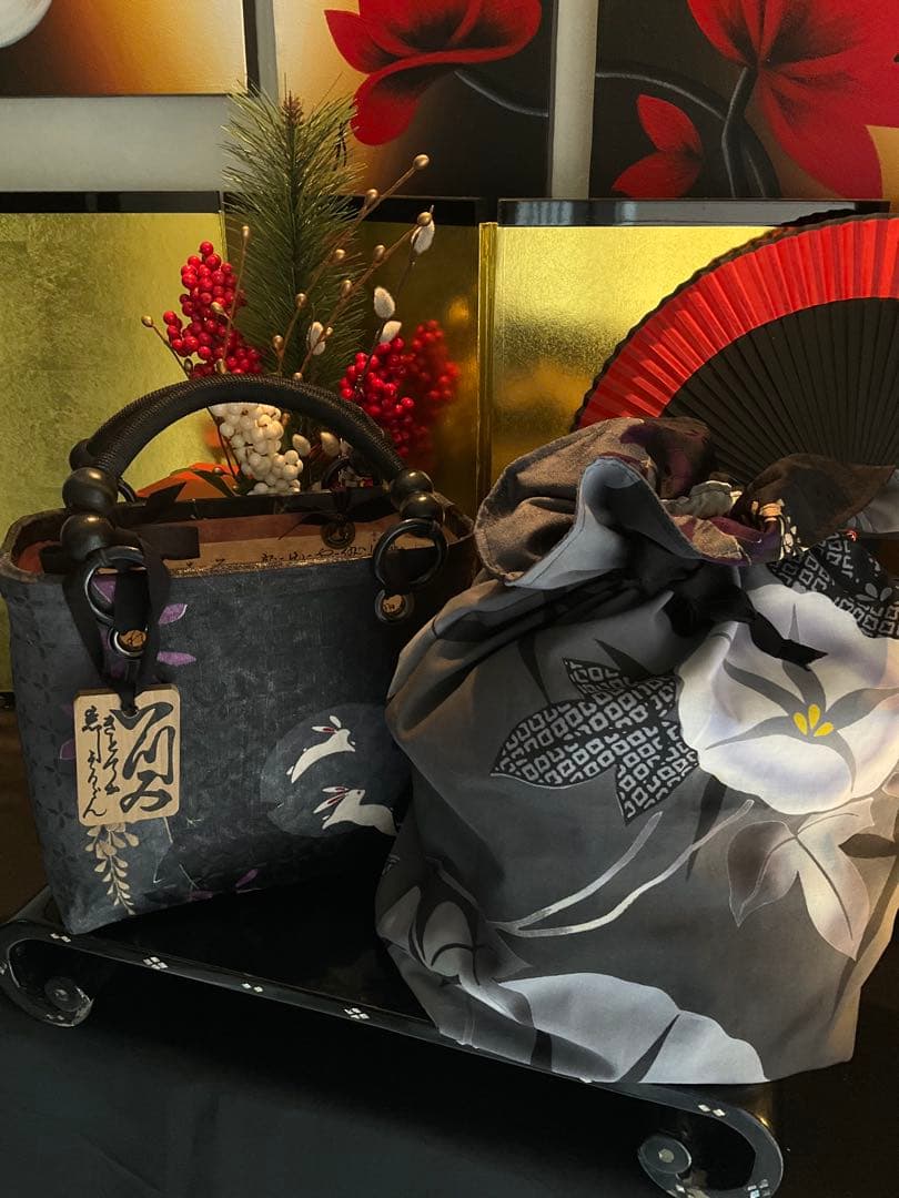 一閑張り　一閑張りバッグ　籠バッグ　和紙　花絵柄　着物　兎　京友禅　藤