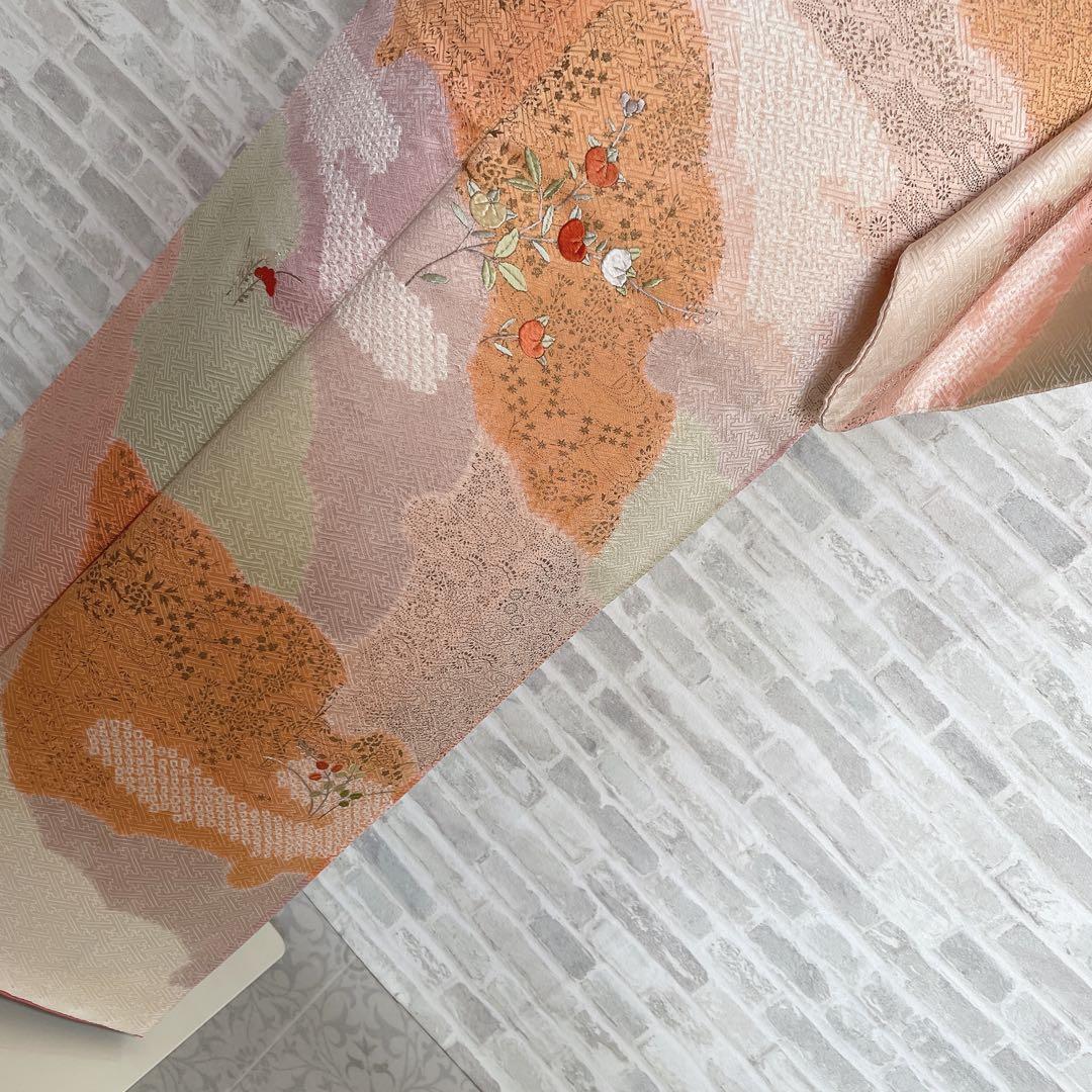 訪問着　フルセット　橘　手刺繍　鹿の子絞り　紗綾形地紋　入学式　卒業式　Q5