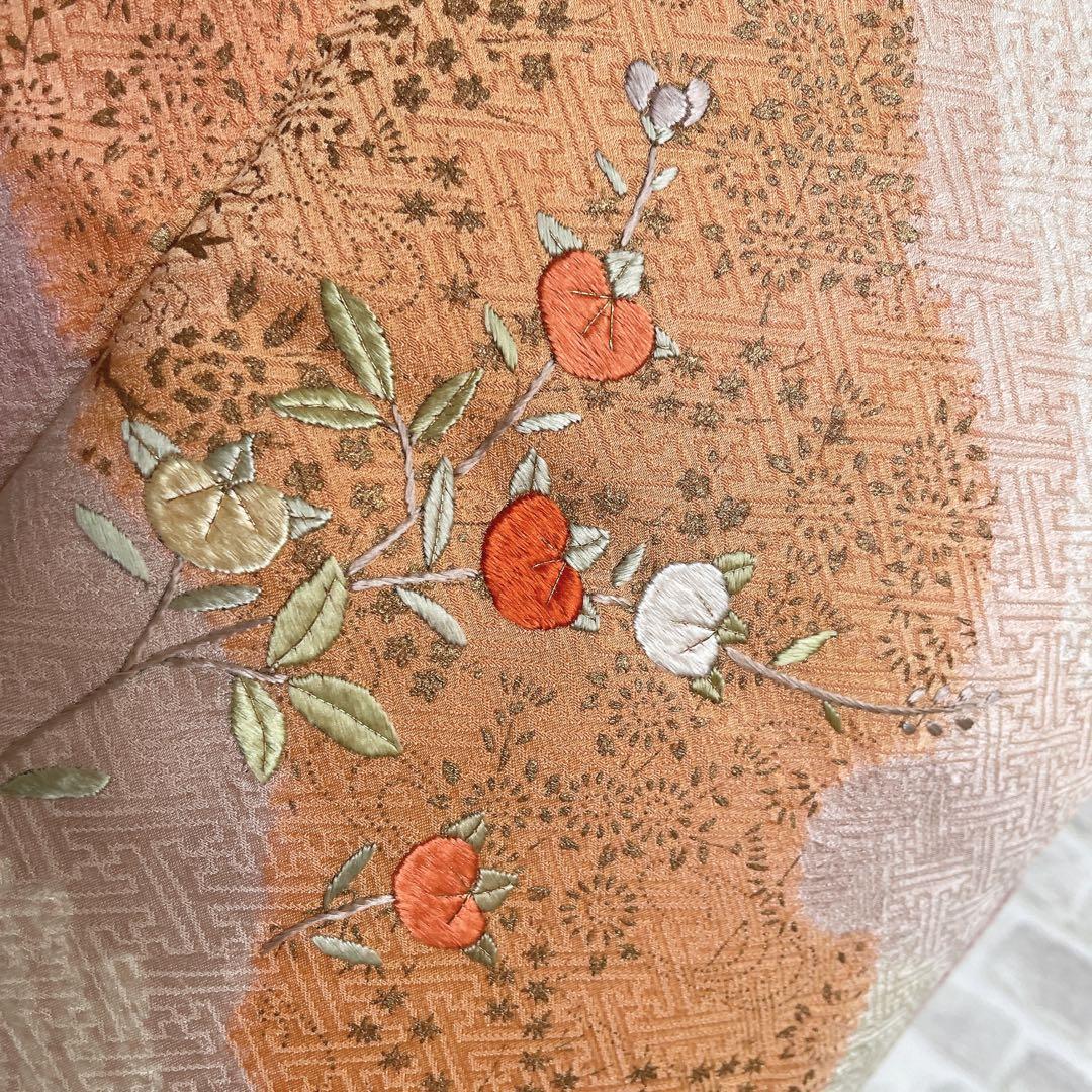 訪問着　フルセット　橘　手刺繍　鹿の子絞り　紗綾形地紋　入学式　卒業式　Q5