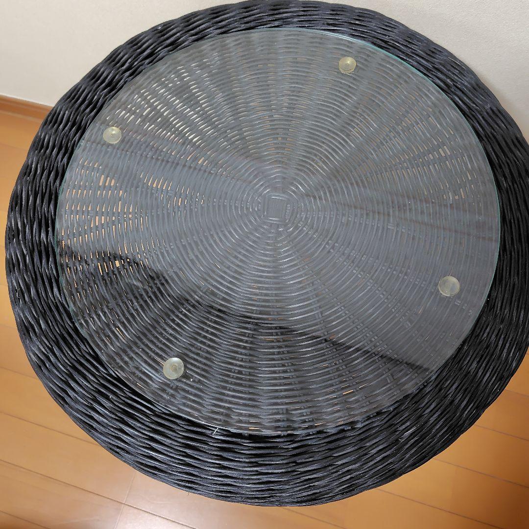 ニトリ　円形　ガラス天板　ラタン　テーブル　黒