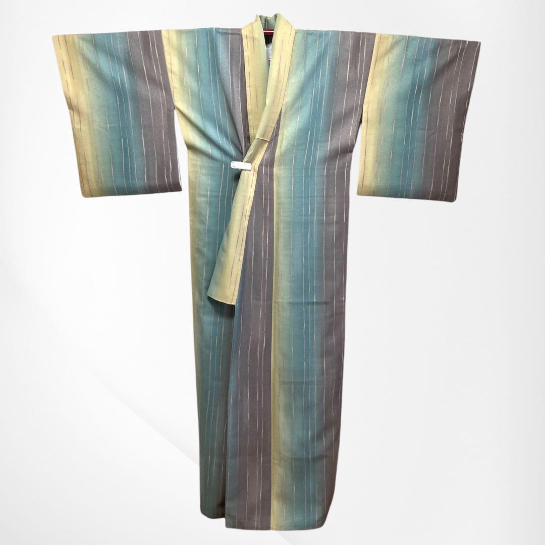 【美品✨】東レシルック　洗える着物　小紋　変わり縞　ぼかし染め　青緑　灰茶　G1