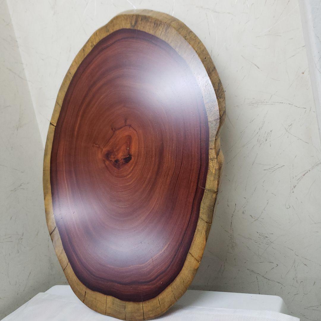 蔵出し特価紫檀製無垢はす切り花台　円形テーブル 赤褐色 大きめ５５×３６×３cm