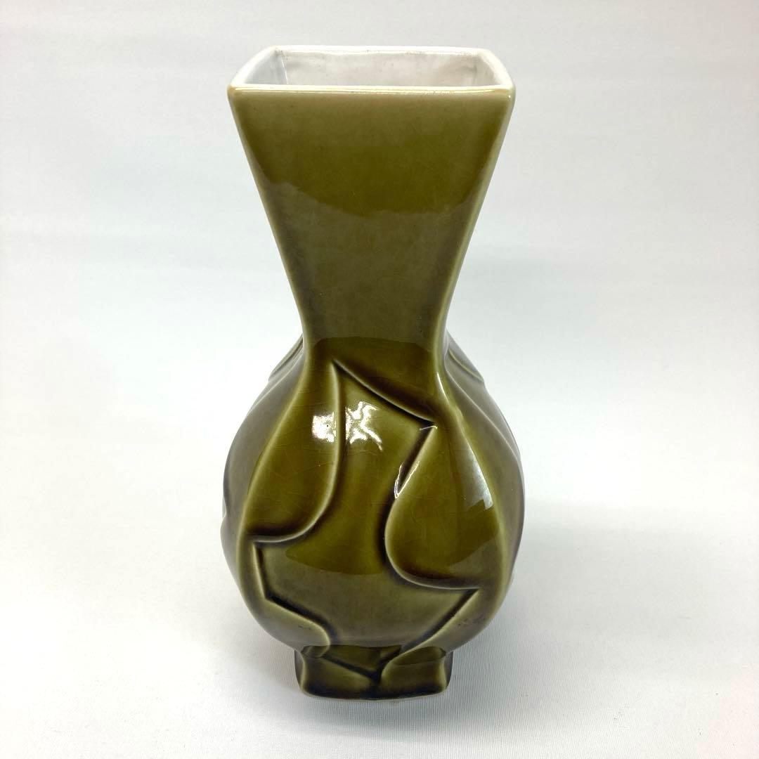 オリーブグリーン 陶器 花瓶【ヴィンテージ】
