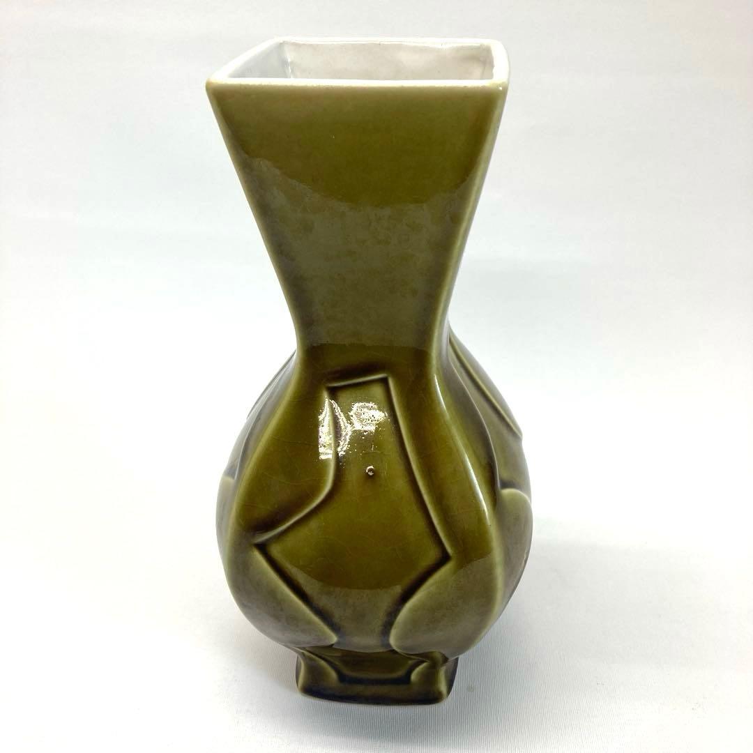 オリーブグリーン 陶器 花瓶【ヴィンテージ】