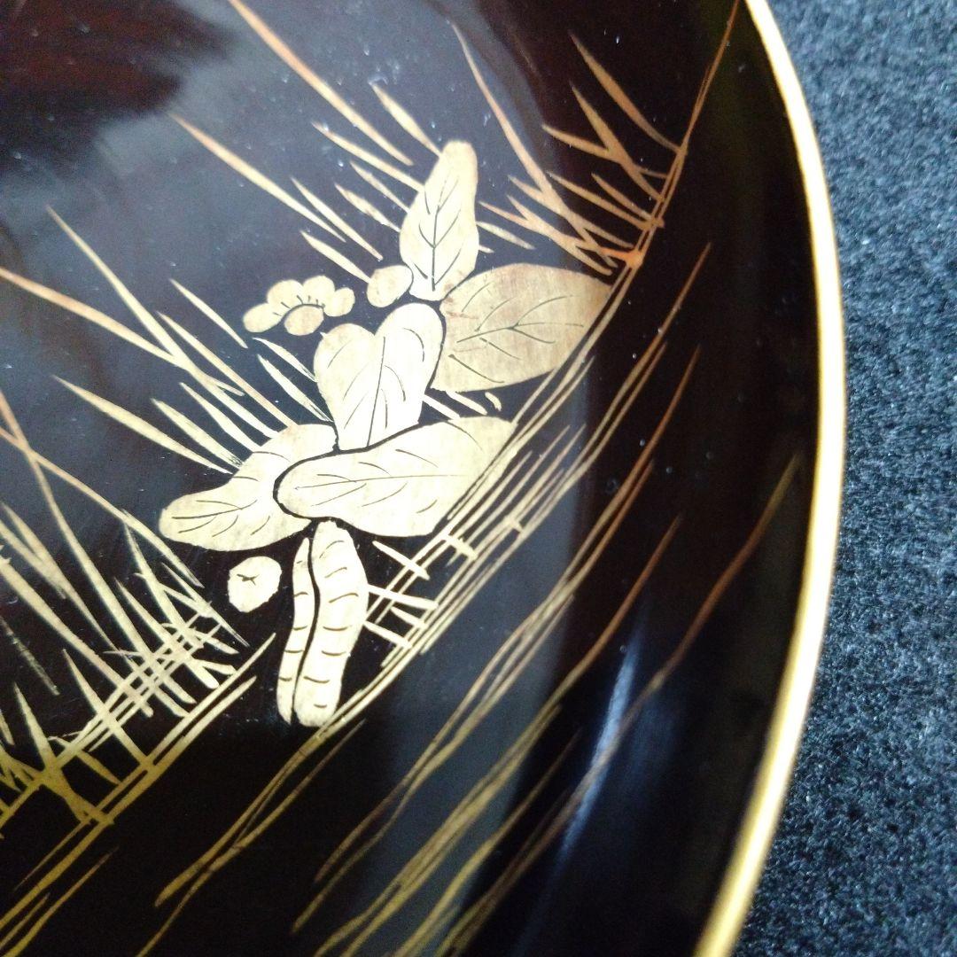 【漆器】輪島塗　江戸期　金蒔絵　金縁　本漆塗　天然木　白鷺紋様　水辺を飛立つ白鷺