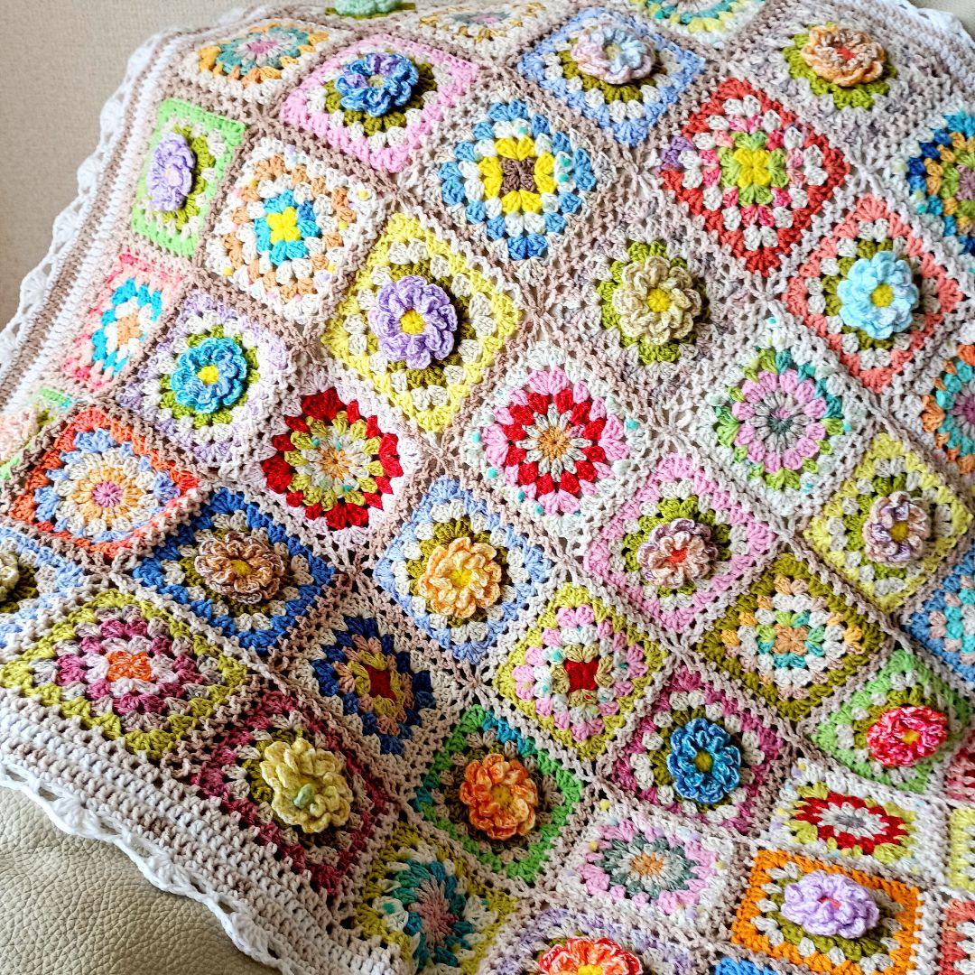 手編みブランケット★お花モチーフ★グラニースクエア★コットン★カラフル★かぎ針編