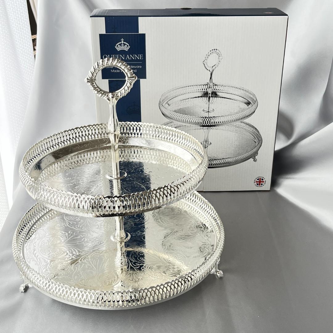 【QUEEN ANNE】 透かしのケーキスタンド 2段【シルバープレート】