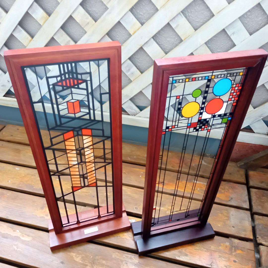 フランクロイドライト ステンドグラス木製枠２枚パレード＆ロビー邸グラスマスターズ
