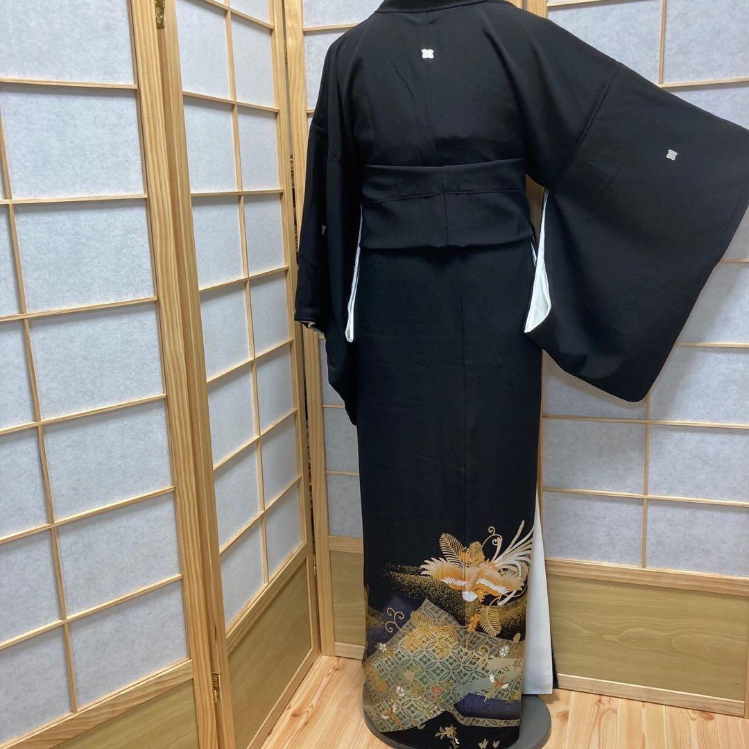 ［1003］黒留袖 美品 鳳凰蜀江 比翼付 五つ紋 違柏 金彩 正絹 着物 袷