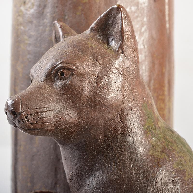 備前焼　人間国宝　金重陶陽作　犬飾り壺　花瓶　追悼30周年展冊子付　MR7258