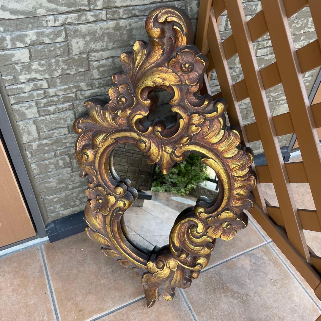 フランス製 フレンチミラー　アンティーク風 ミラー 壁掛け鏡 金花柄　ロココ調