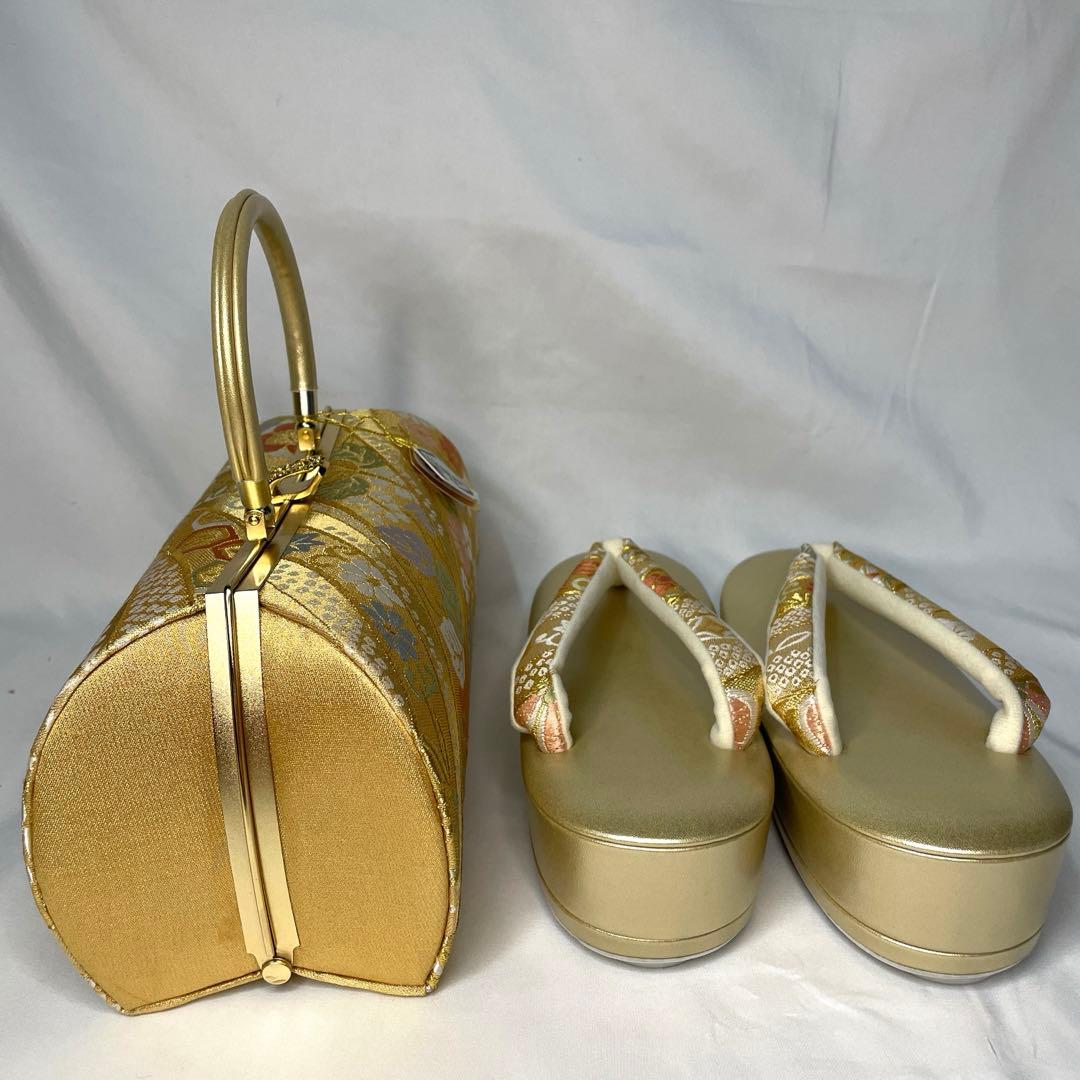 新品　草履　バッグ　セット　フリーサイズ　最高級正絹帯地　ゴールド系　留袖　振袖
