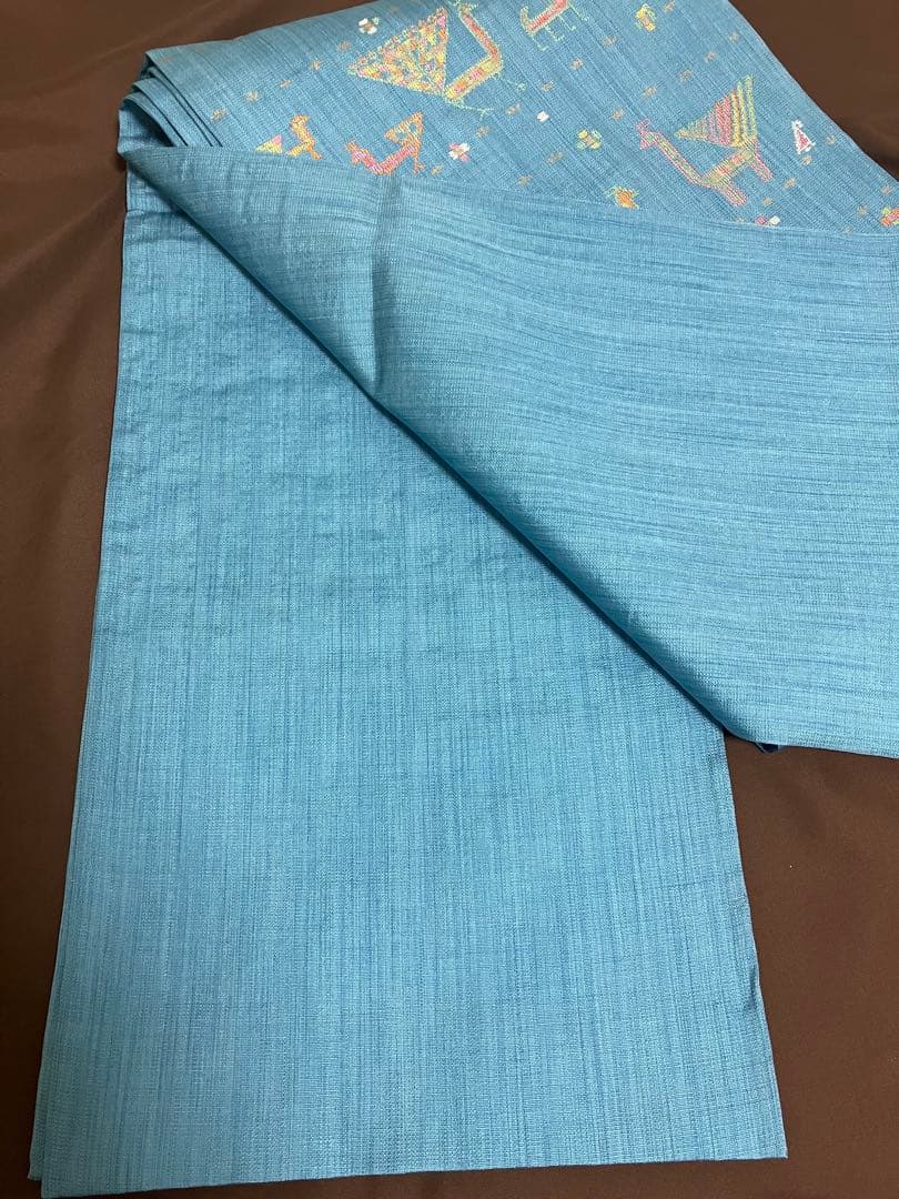 正絹　洒落袋帯 西陣織　異国情緒の可愛らしい動物文様／キリム調　青