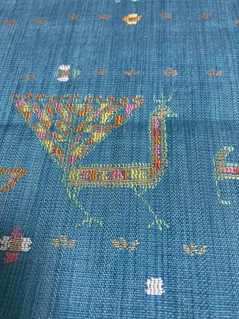 正絹　洒落袋帯 西陣織　異国情緒の可愛らしい動物文様／キリム調　青