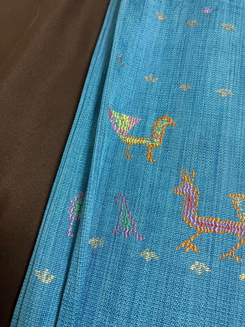 正絹　洒落袋帯 西陣織　異国情緒の可愛らしい動物文様／キリム調　青