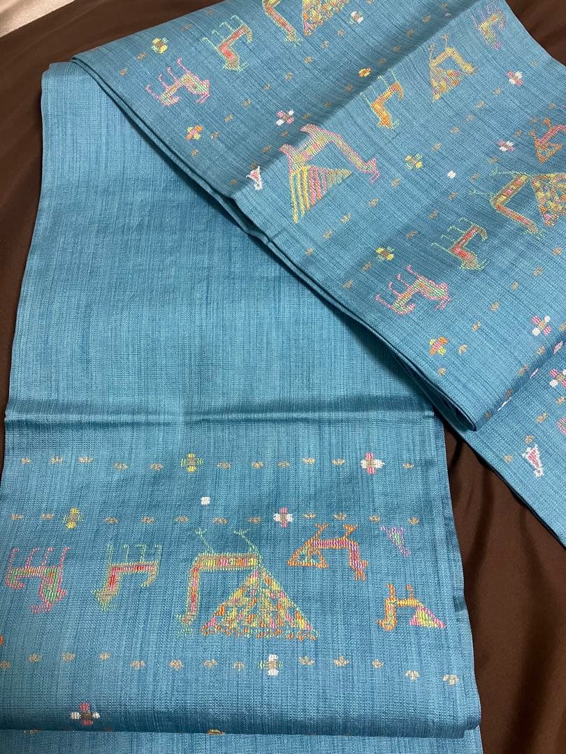 正絹　洒落袋帯 西陣織　異国情緒の可愛らしい動物文様／キリム調　青