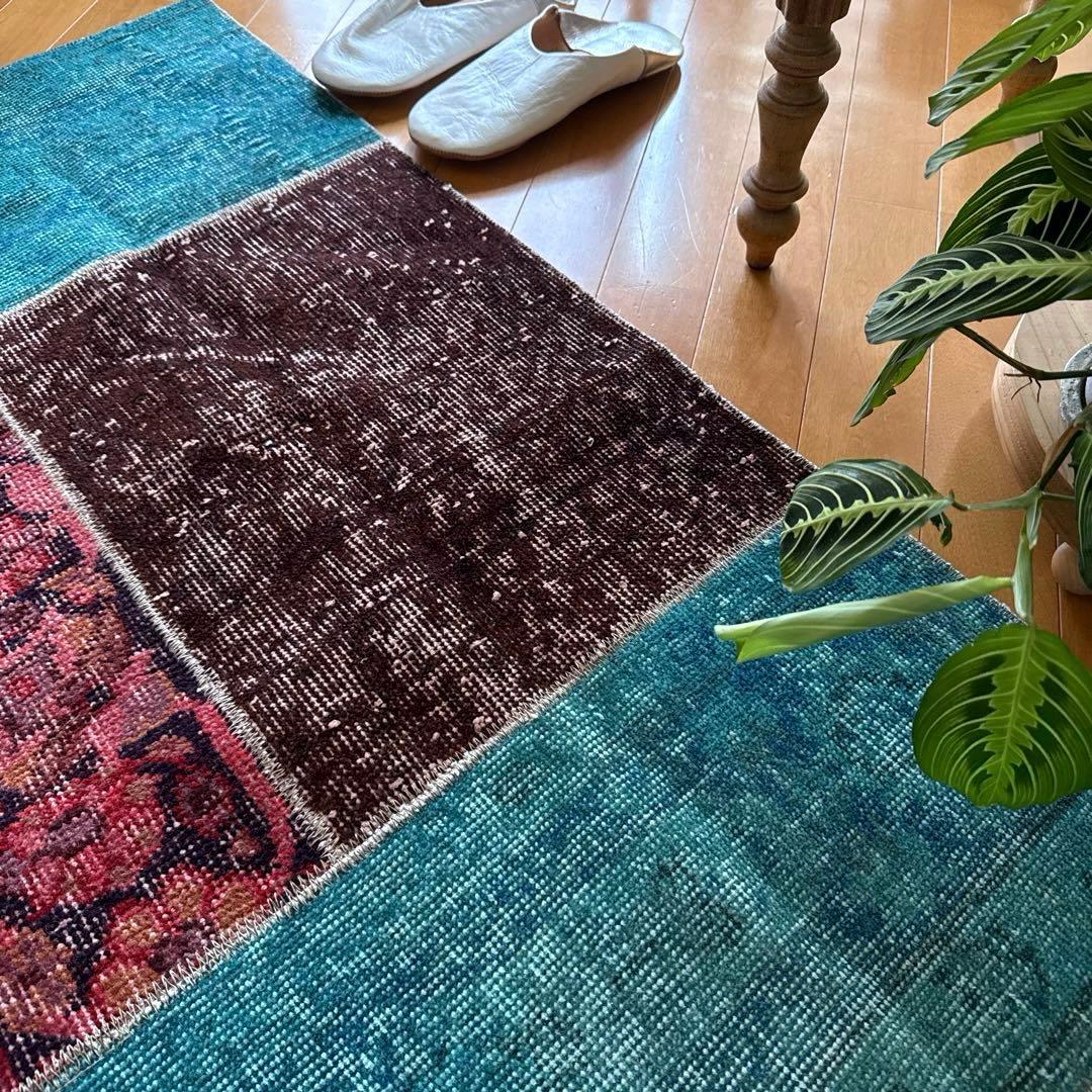55×103 神秘的ブルー×ブラウン×ボタニカル　トルコヴィンテージラグ