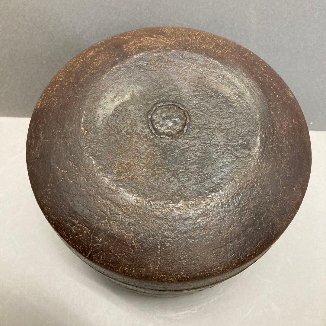 茶道具　筒形　釜(側面に扇　木や花の図柄)　姿形良　美品　共箱　S413KM2