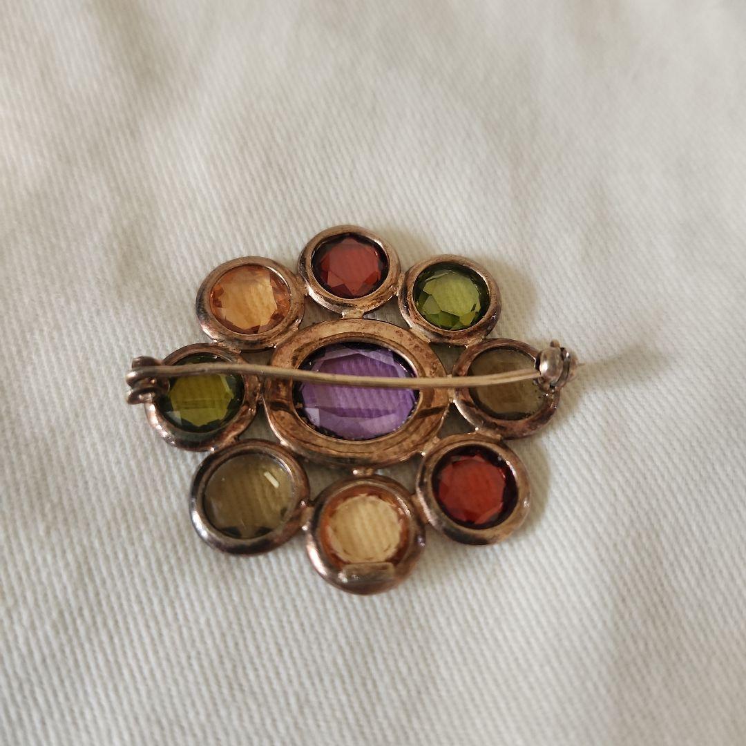 花形ブローチ 多色ストーン イタリアアンティーク9金