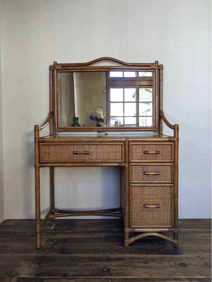 【Kazama】籐家具 ラタンのドレッサー 鏡台 椅子付