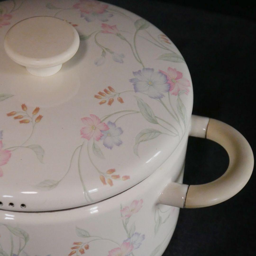 花柄ホーロー両手鍋 昭和レトロ