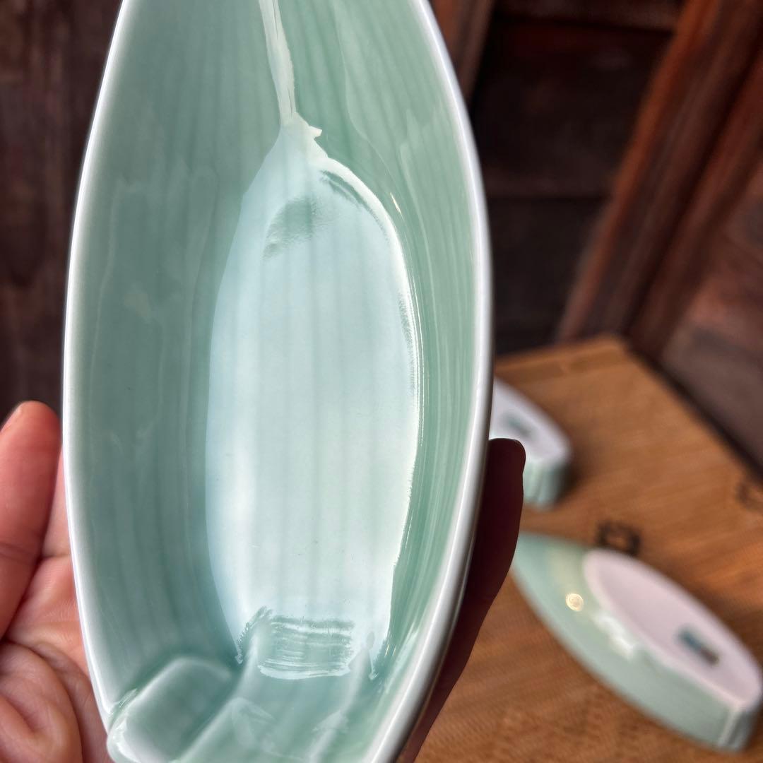 ※箱なし深川製磁　百年庵　笹青磁　笹舟取皿揃　５枚 小鉢 刺身皿 盛り付け皿