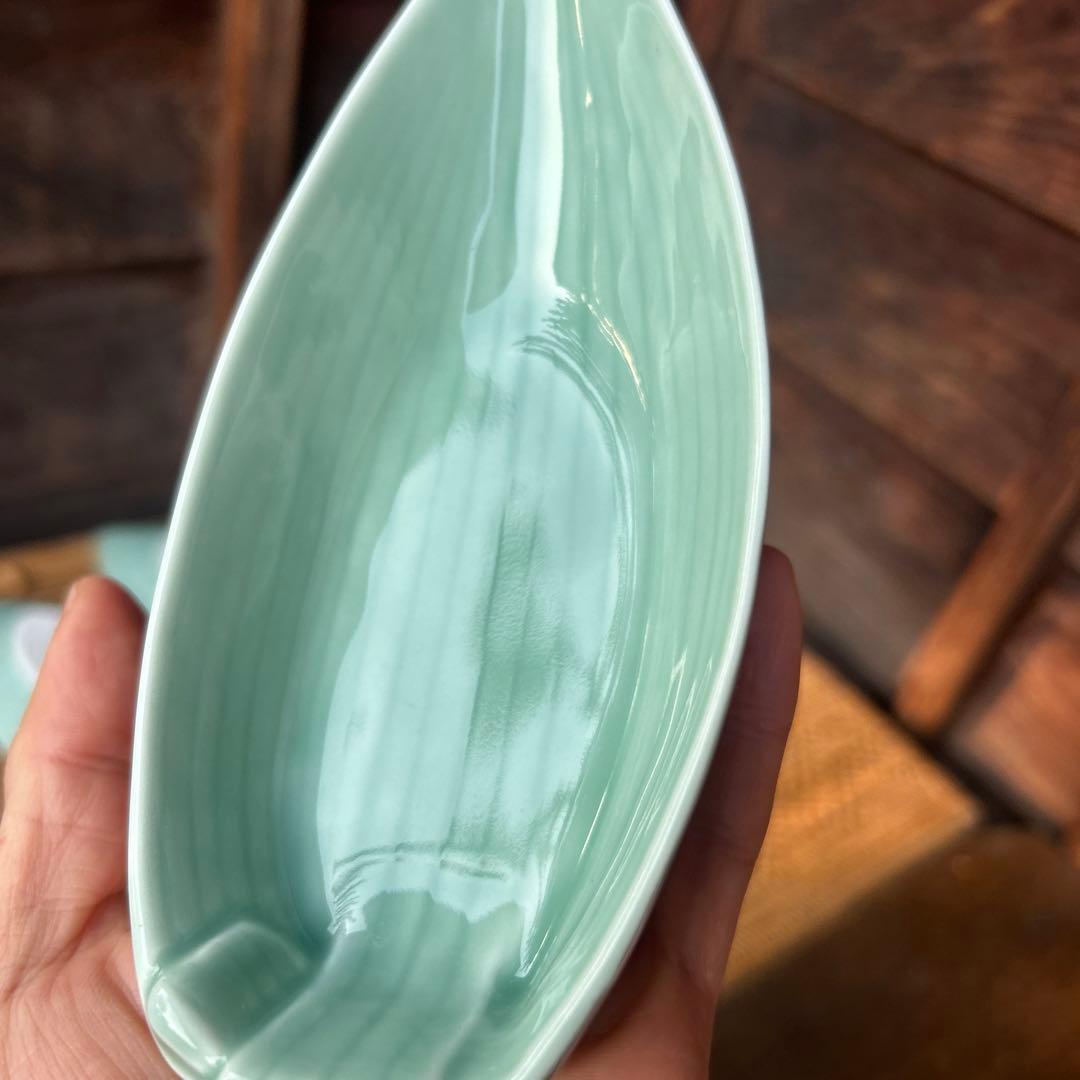 ※箱なし深川製磁　百年庵　笹青磁　笹舟取皿揃　５枚 小鉢 刺身皿 盛り付け皿