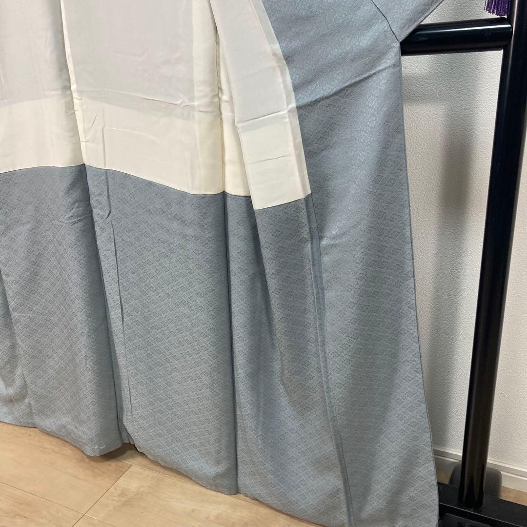 ZF-1346 色無地 地紋 正絹 燻んだ 水色 一つ紋 共八掛 美品 良品